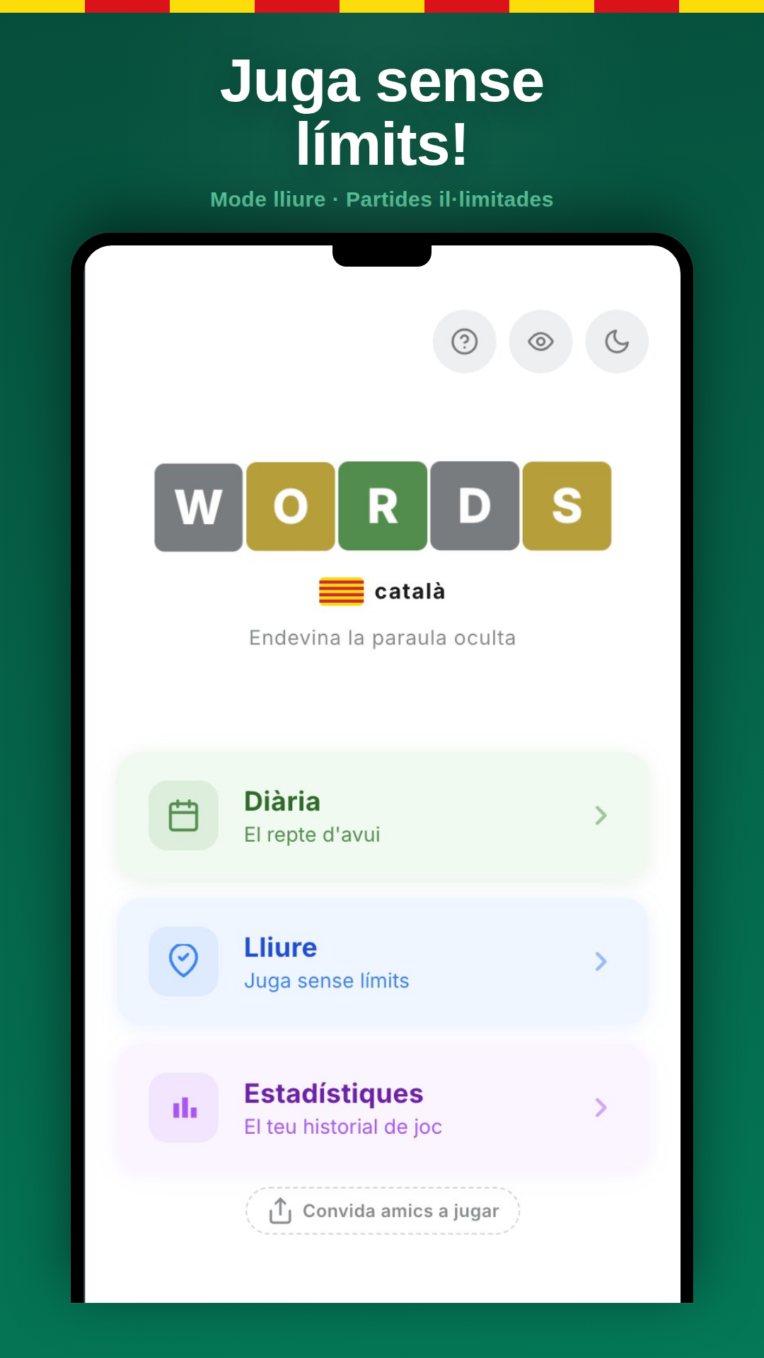 Wordle Català app: menú principal amb partides il·limitades