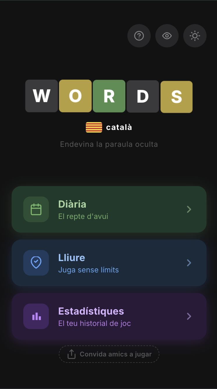 Teclat i taulell de l'app de Wordle Català