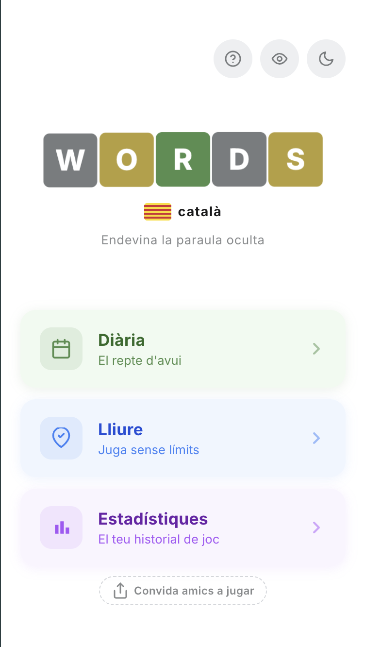 Pantalla principal de l'app de Wordle Català amb el taulell de joc buit